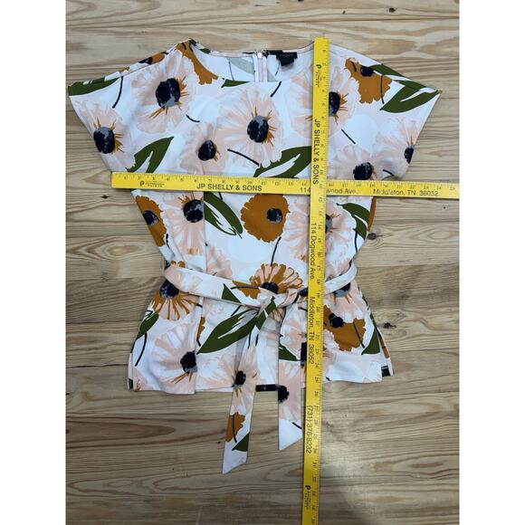 Ann Taylor Pink Floral Short Sleeve Back Zip Tied Waist Blouse Women’s Size Med - Picture 5 of 8